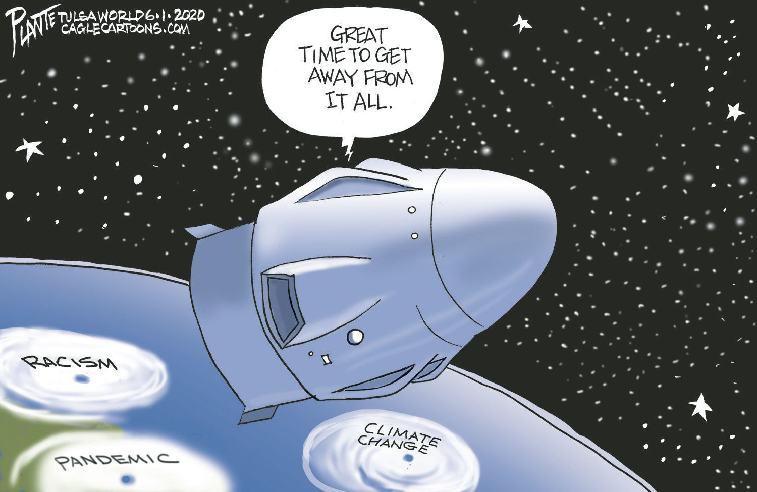 Bruce Plante Cartoon: SpaceX getaway